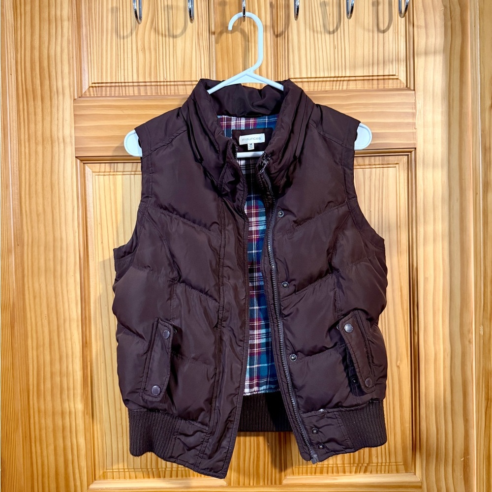 Maurices Brown Puffer Vest with Plaid Lining